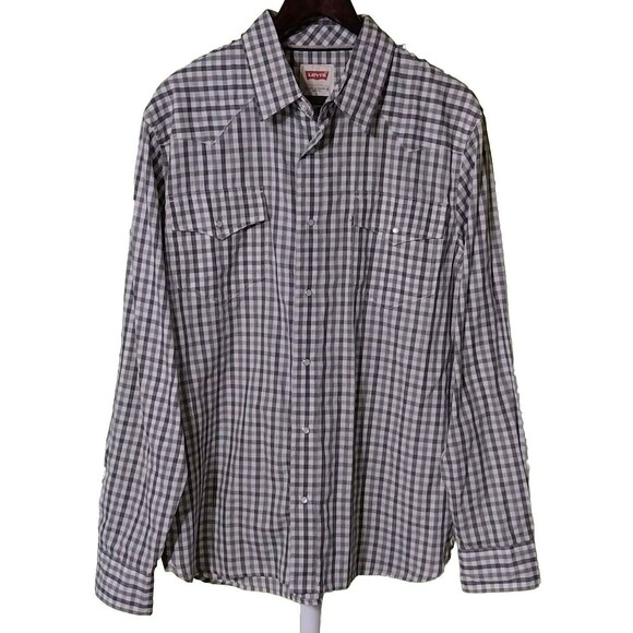 Levi Strauss Mens Large Gray Plaid Pearl Snap Button Shirt Western Cowboy Comfy - Picture 1 of 14
